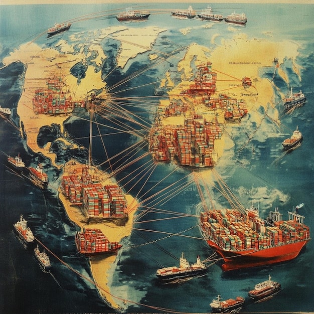 A detailed map of global trade routes with ships and cargo symbols, highlighting the interconnectedness of world economies and the impact of international trade agreements.