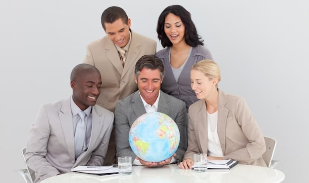 A diverse group of world leaders from different continents engaged in a focused discussion around a large, futuristic conference table, symbolizing international cooperation and diplomacy. Their expressions are serious and engaged.
