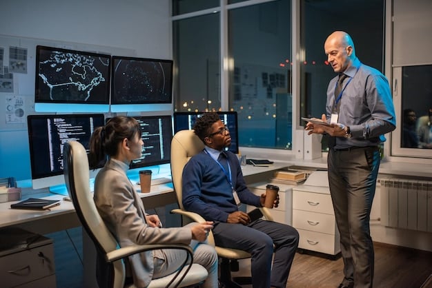 A diverse group of cybersecurity professionals collaborating in a modern office environment, demonstrating teamwork and advanced technology in their work.