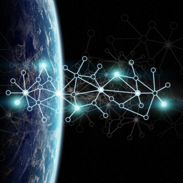 A conceptual image illustrating global interconnectedness through digital lines and data, with specific nodes representing energy hubs or diplomatic meeting points, symbolizing energy diplomacy and international cooperation.