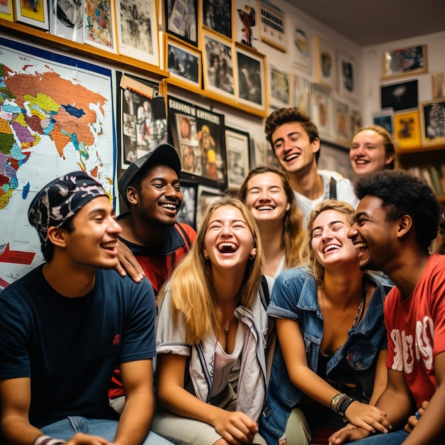 A diverse group of young students from different countries laughing and interacting positively on a university campus lawn, with academic buildings in the background, symbolizing educational exchange and global understanding.