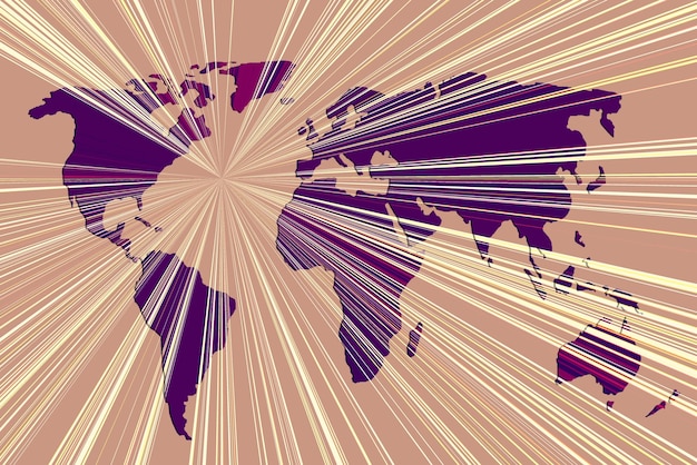A detailed, stylized map of the world with lines or rays emanating from the United States to various continents, depicting flows of cultural products, students, and diplomatic exchanges, highlighting the global reach of US soft power.