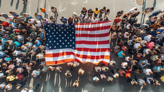 A diverse group of people protesting peacefully for human rights, with US flags subtly incorporated into the background, showcasing both domestic advocacy and global influence. The image should be dynamic and hopeful.