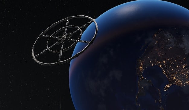 A futuristic rendering of a satellite swarm in low Earth orbit, beaming down data to a ground station, depicting advanced communication technology and orbital efficiency. The satellites are small and numerous, illustrating diversification.