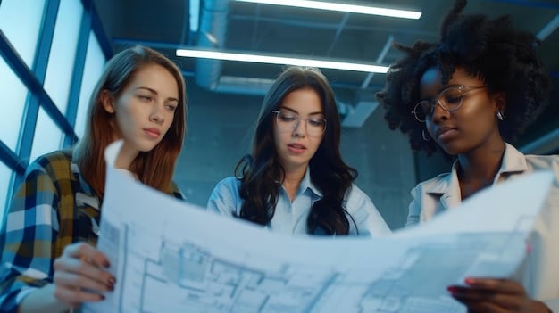 A group of diverse professionals (architects, historians, scientists) collaboratively looking at blueprints or digital models, symbolizing the interdisciplinary planning and preparation required for implementing new guidelines at a cultural heritage site.