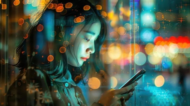 A young person scrolling through a smartphone, with digital overlays representing various social media interfaces and virtual communities, emphasizing technology's role in shaping identity.