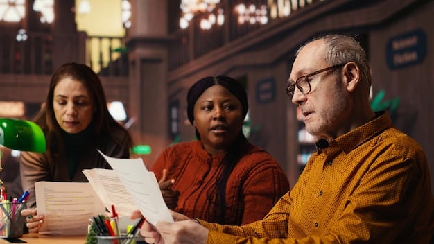 A diverse group of people engaged in a contemplative discussion in front of a historical landmark, with diverse perspectives represented through thought bubbles, symbolizing the re-evaluation of historical narratives.