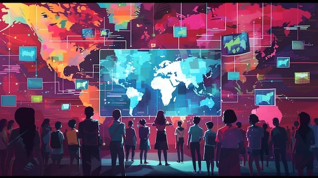 A diverse group of people from different countries collaborating on a virtual platform, discussing digital historical artifacts displayed on a large screen, symbolizing global cooperation.