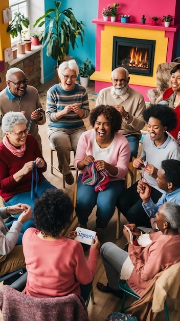 A group of community members of all ages participating in a storytelling circle, showcasing intangible cultural heritage. They are gathered in a cozy, well-lit room, listening attentively to an elder who is sharing a traditional tale, with warm light illuminating their faces.
