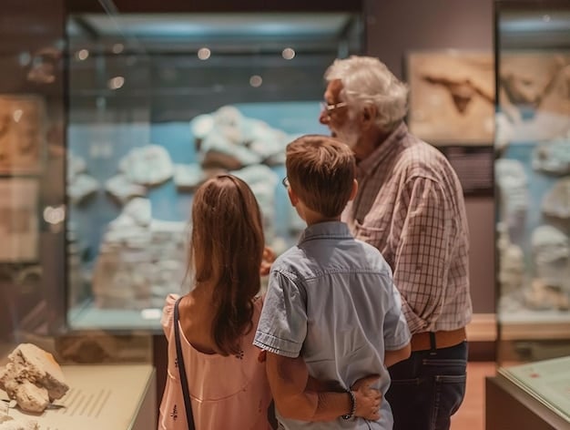 A multi-generational family interacting with an educational exhibit in a museum, depicting diverse representation.