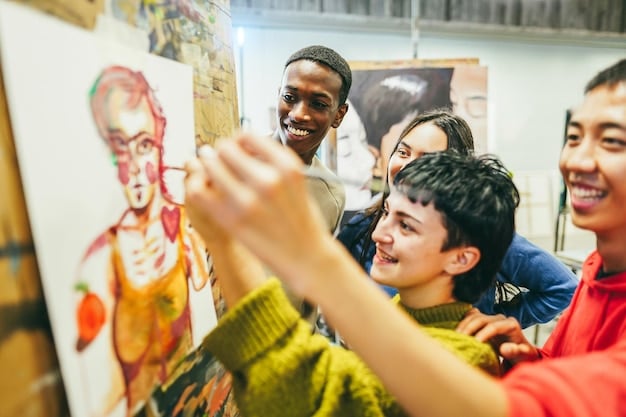 A diverse group of young adults from different countries engaging in a collaborative art project, painting a mural with symbols of peace and unity, illustrating cultural exchange through visual arts.