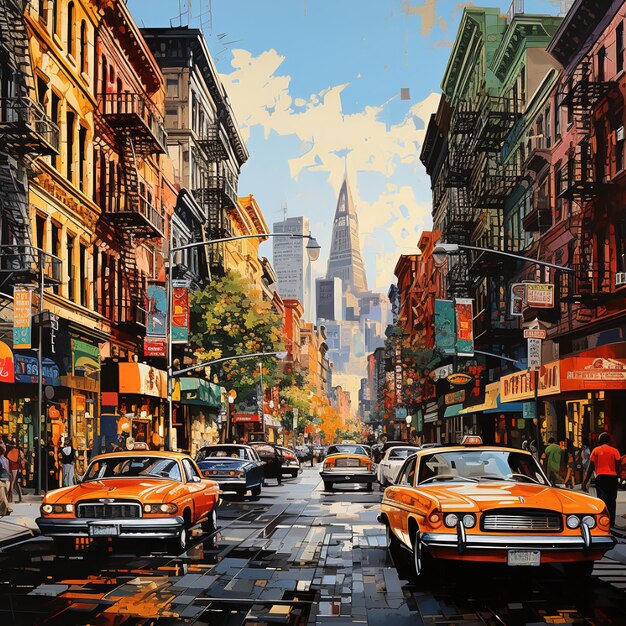 A detailed painting of a diverse urban street scene in America, showcasing a blend of cultural influences, street art, and people from various backgrounds interacting, highlighting the mosaic of American society.