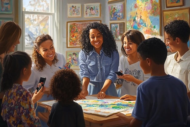 A teacher interacting with a small group of diverse students, using colorful educational materials, demonstrating inclusive teaching practices.