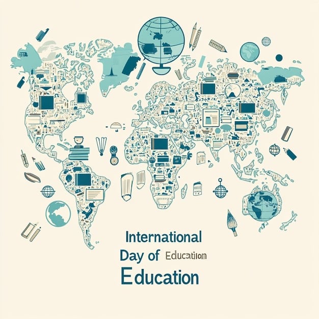 A detailed world map with connecting lines and various cultural icons, symbolizing global interconnectedness and diverse knowledge sharing in education.