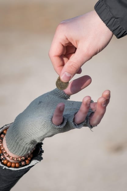 A detailed close-up of hands exchanging money, with one hand representing a donor and the other a cultural institution, set against a backdrop of abstract statistical charts and a subtle outline of a museum or theater building, signifying financial exchange and benefits.