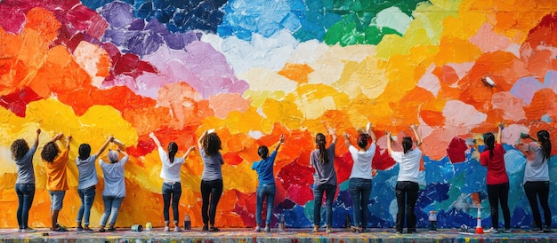 A vibrant community mural being painted by a group of diverse volunteers and professional artists on the side of a building, symbolizing unity and artistic expression.