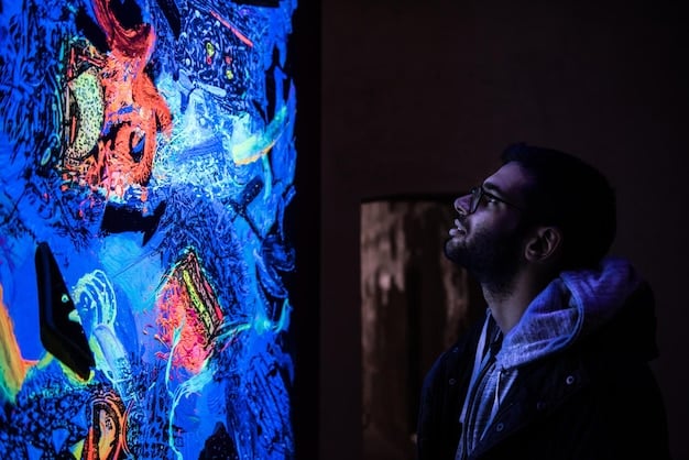 An artist working in a futuristic studio, surrounded by digital screens displaying interactive art, holographic projections, and advanced sound equipment, representing innovative artistic practices.