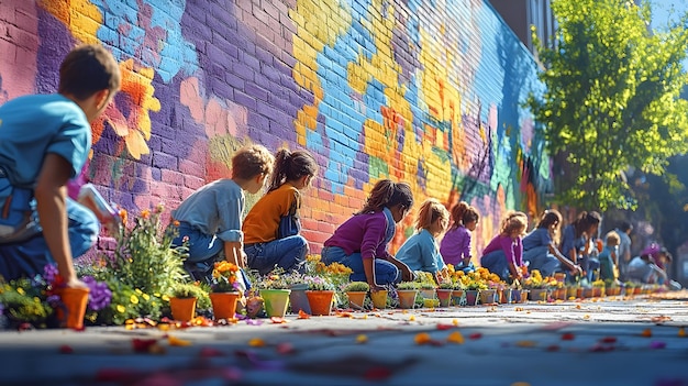 A communal art project taking place in a diverse urban park, with children and adults collaboratively painting a vibrant mural, showcasing the community engagement aspect of NEA grants.