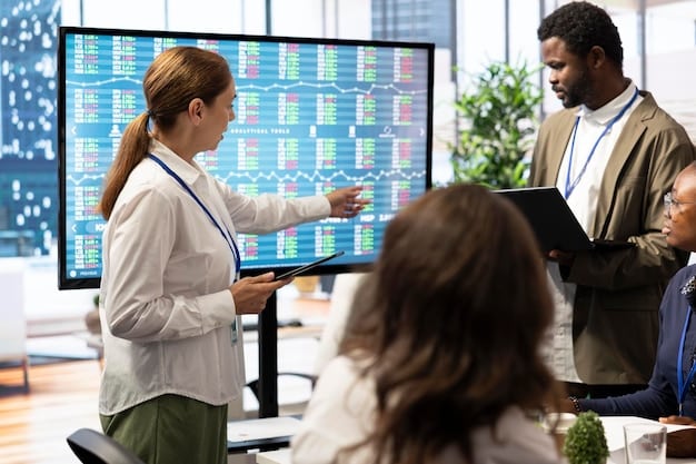 A professional data analyst in a modern office, surrounded by screens displaying various charts and graphs, meticulously analyzing employee engagement metrics for a wellness program.