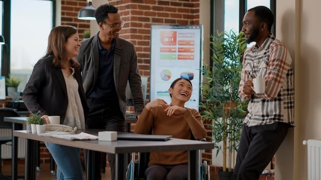 A diverse team collaboratively working in a modern, well-lit office, showing engaged and focused expressions, representing increased productivity and positive workplace dynamics.