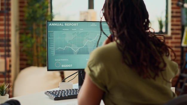 A person meticulously analyzing a complex spreadsheet filled with data, with charts and graphs on a computer screen in the background, representing detailed research and financial analysis.