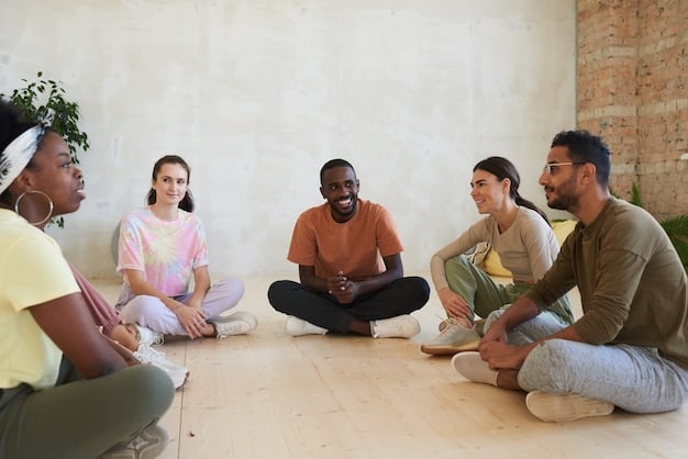 A diverse group of people sitting in a circle, practicing meditation with focused expressions, representing community and shared mindfulness experience.