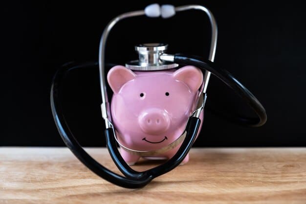A detailed close-up of a hand inserting a dollar bill into a piggy bank, with a small stethoscope and pill bottle nearby, symbolizing saving money specifically for healthcare.