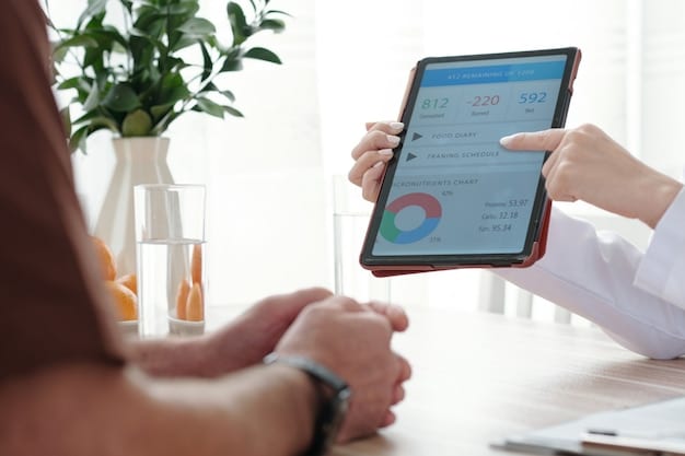A person using a tablet to compare health insurance plans, with various charts and data points on the screen, symbolizing digital tools for decision-making.