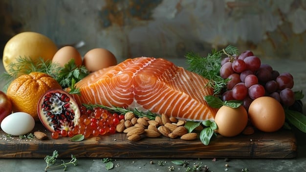 A vibrant, detailed close-up of various brain-healthy foods: a handful of walnuts, a piece of salmon, a bunch of spinach, and a few blueberries, arranged harmoniously on a light background.