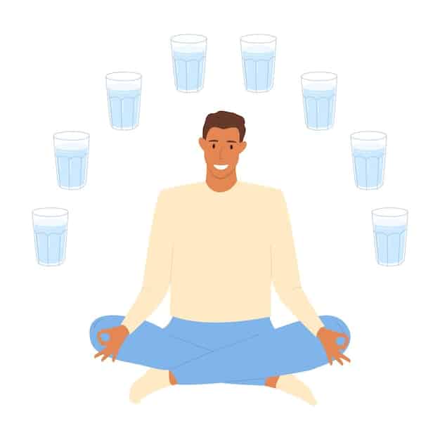 A serene person meditating gently, with a glass of water nearby and soft, natural light filtering in, representing the connection between mindfulness, hydration, and mental calm.