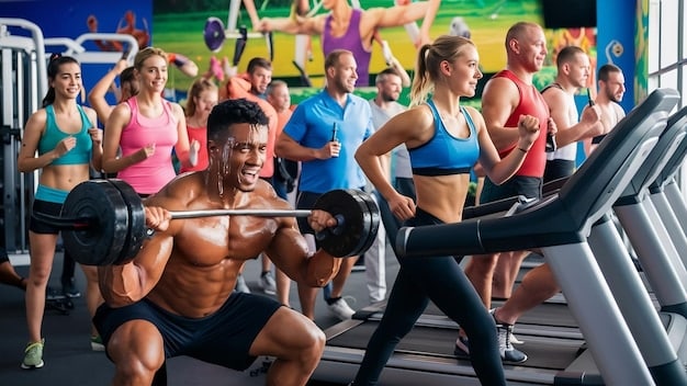 A diverse group of people performing various strength training exercises in a bright, modern gym setting, demonstrating different levels of intensity.