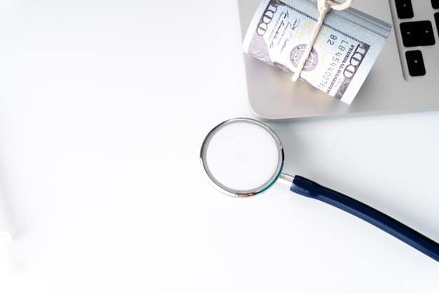 A stack of medical bills with a magnifying glass over them, illustrating the complexity of healthcare costs, with a subtle background of a health insurance card or application form.