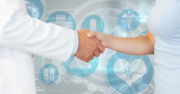 Two hands shaking over a complex diagram of healthcare pathways and options, symbolizing collaboration and simplified access to information.