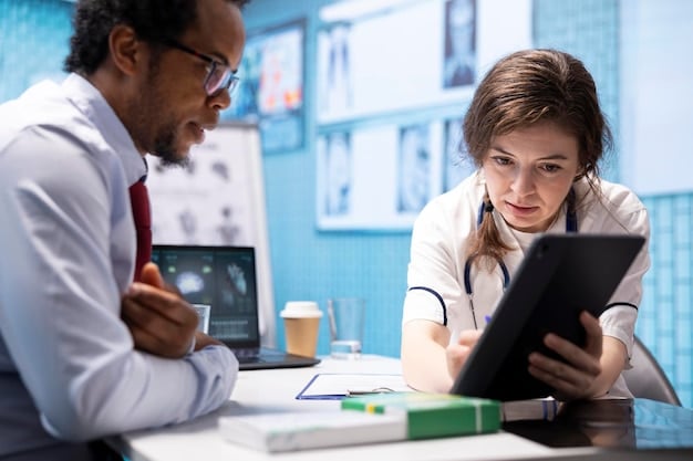 A doctor reassuring a patient while reviewing test results on a digital tablet, conveying trust, clear communication, and the importance of understanding health data.