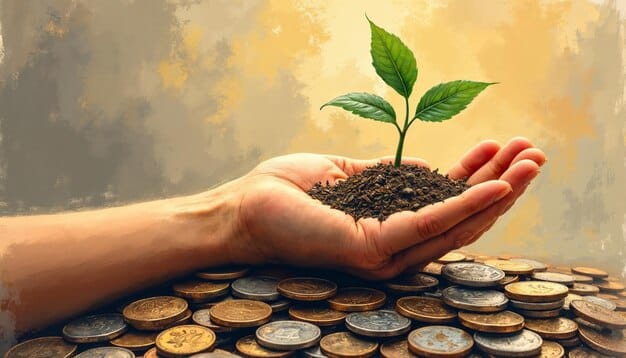 A person's hand holding a small plant growing out of coins, symbolizing financial growth and cultivation of wealth for the future.