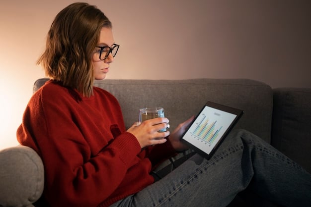 A person looking thoughtfully at a tablet displaying a financial graph with an upward trend, overlayed with icons representing health and savings, in a modern home office setting.