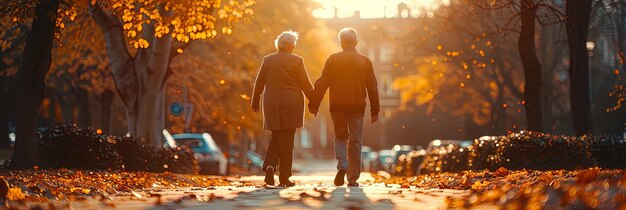 An older couple smiling, holding hands while walking in a park, symbolizing health and financial security in retirement, with a subtle overlay of financial symbols.