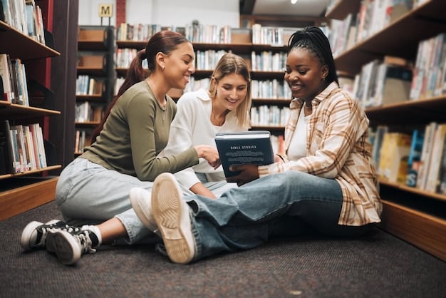 A diverse group of graduate students engaged in a lively discussion in a modern university library, surrounded by books and digital learning tools.