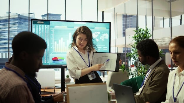 A professional presenting a clean, modern data visualization dashboard on a large screen to a small, engaged team in a collaborative meeting space, emphasizing clear data storytelling.