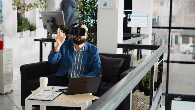 A person in a modern, light-filled office space earnestly engaged in a virtual reality learning experience, symbolizing immersive and adaptive skill acquisition for the future workforce.