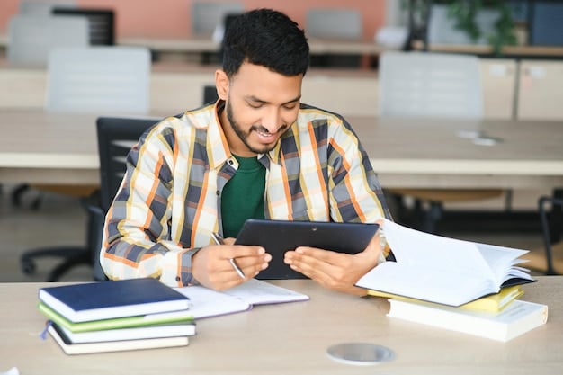A person meticulously filling out a student loan application form on a tablet, surrounded by documents and a calculator, emphasizing the administrative process.