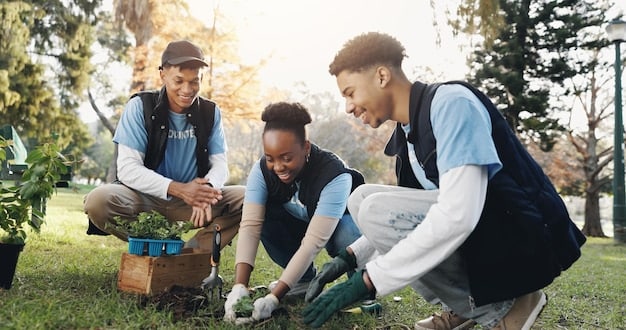 A diverse group of young adults engaged in a community service project, planting trees or cleaning up a park, showcasing teamwork and contribution. Clear, bright, collaborative.