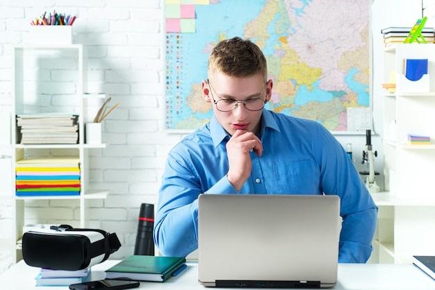 A student sitting thoughtfully at a desk, looking at a laptop with a world map in the background, symbolizing planning and decision-making for a gap year. Organized and focused.