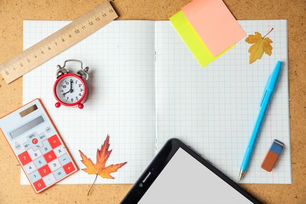 A detailed flat lay of an open SAT test prep book, a calculator, pencils, and a timer set to a specific duration, symbolizing the disciplined and timed nature of test preparation.