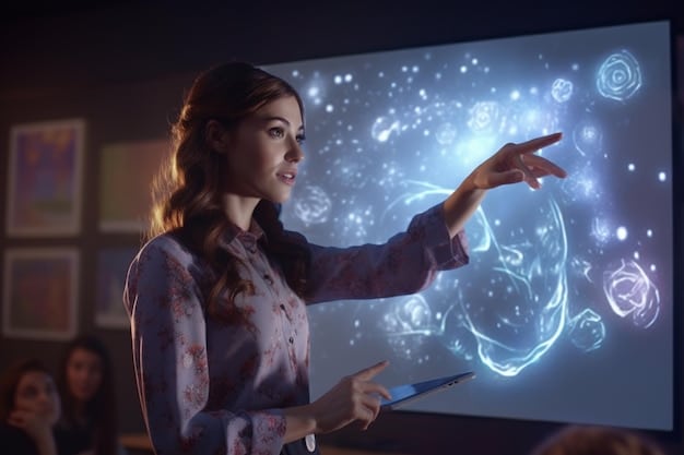 A student presenting a project on a holographic display, collaborating with an AI assistant represented as a friendly floating icon, showcasing future learning and human-AI synergy.
