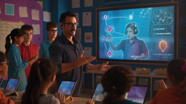 A teacher at the center of a collaborative classroom, guiding students who are using various AI-powered learning tools on screens, representing human guidance amidst technological advancement.