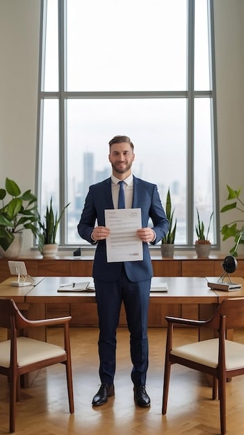 A professional standing confidently in a modern office setting, holding a diploma, with subtle indicators of career success and academic achievement.