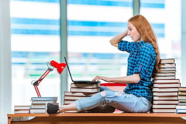 A student sitting at a desk, surrounded by laptops, books, and notebooks, diligently researching and filling out scholarship applications, symbolizing focused effort and organization.