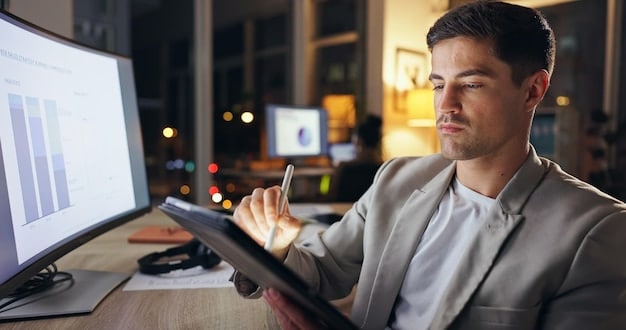 A professional is reviewing a spreadsheet or digital dashboard, subtly showing metrics or progress, with a blurred background of a modern office, representing strategic evaluation.