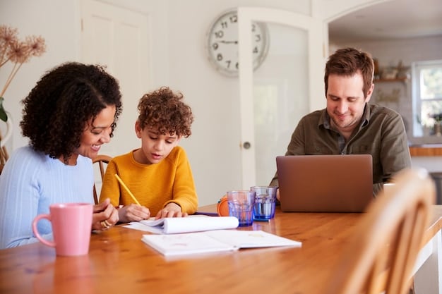 A family, including parents and two teenage children, gathered around a laptop, reviewing financial documents and discussing college plans, looking engaged and collaborative.